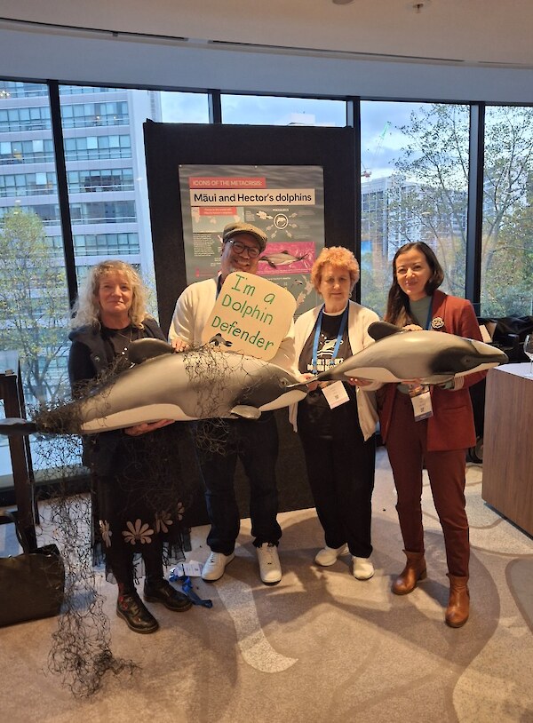 Green MPs Lan Pham and Teanau Tuiono, with Dolphin Defender committee members Christine Rose and Virginia Woolf
