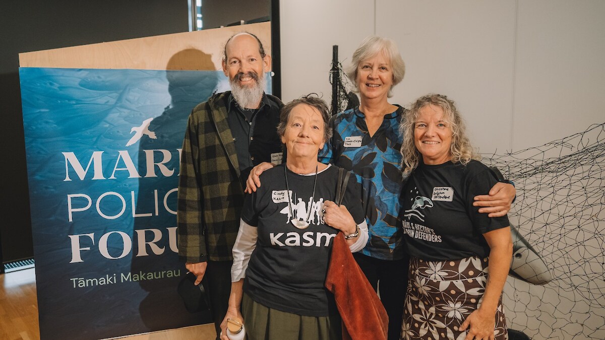 Speaking up for the planet - Green Party MP Steve Abel, KASM’s Cindy Baxter, Emeritus Professor Dr Liz Slooten - Māui and Hector’s dolphin expert, from the NZ Whale and Dolphin Trust, and Christine Rose, Marine Policy Forum and Māui and Hector’s Dolphin Defenders founder Photo: Venessa Weston